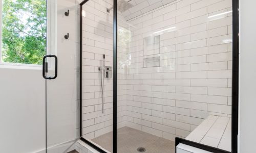 Black-framed glass shower enclosure with white subway tile