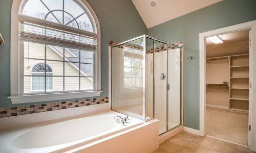 Master bathroom with soaking tub and glass shower stall